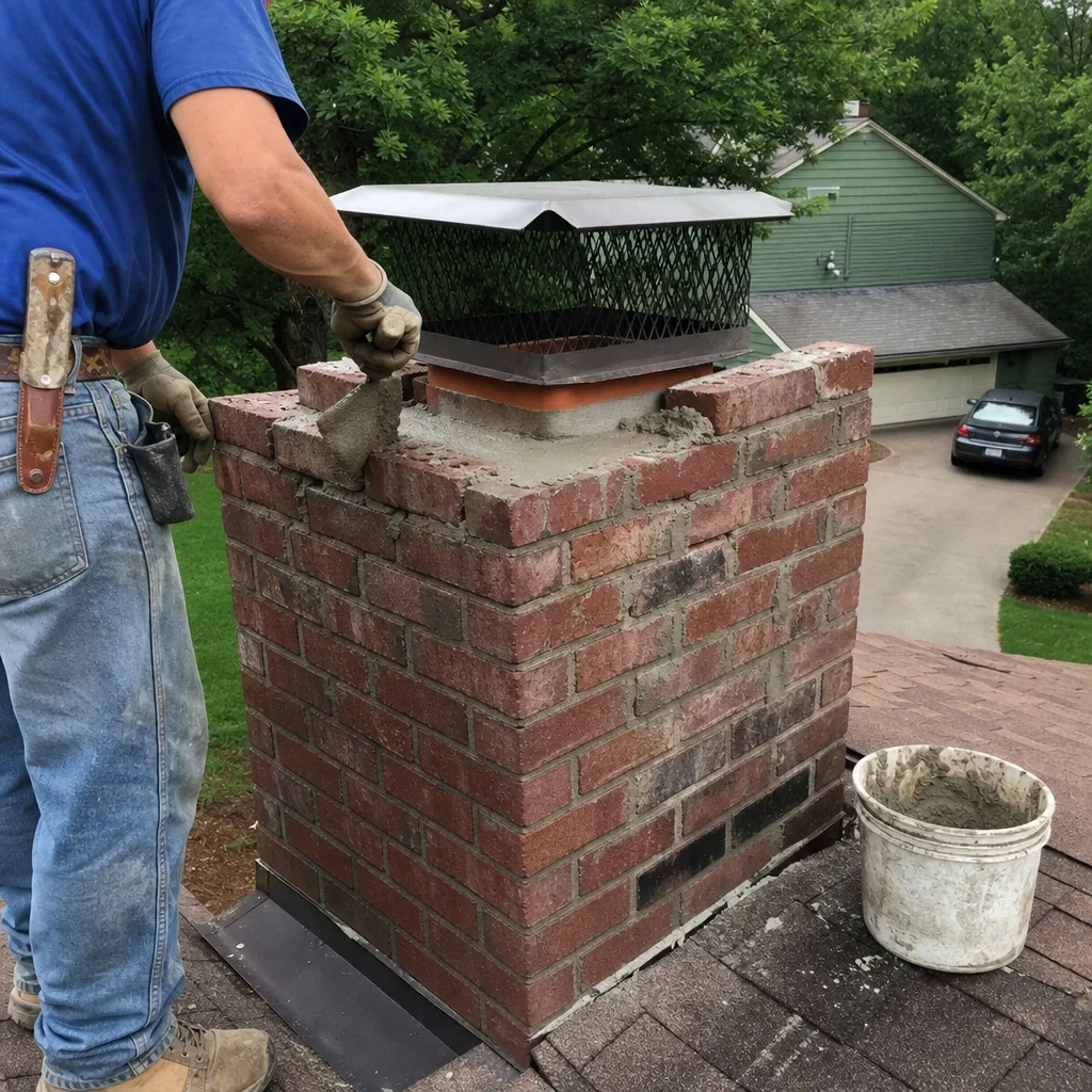 Professional technician performing brick chimney repair and mortar application on a roof.