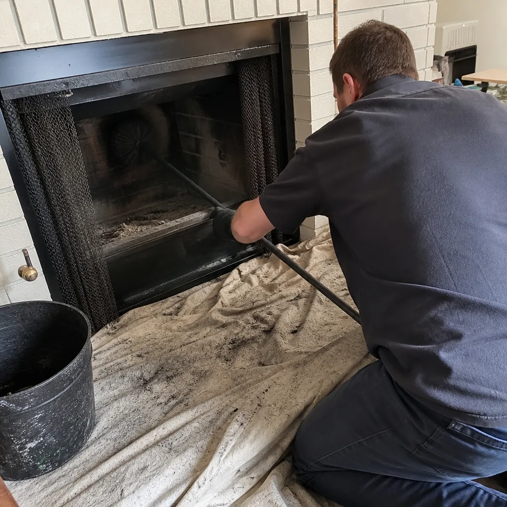 Professional chimney sweep cleaning soot from inside a residential brick fireplace
