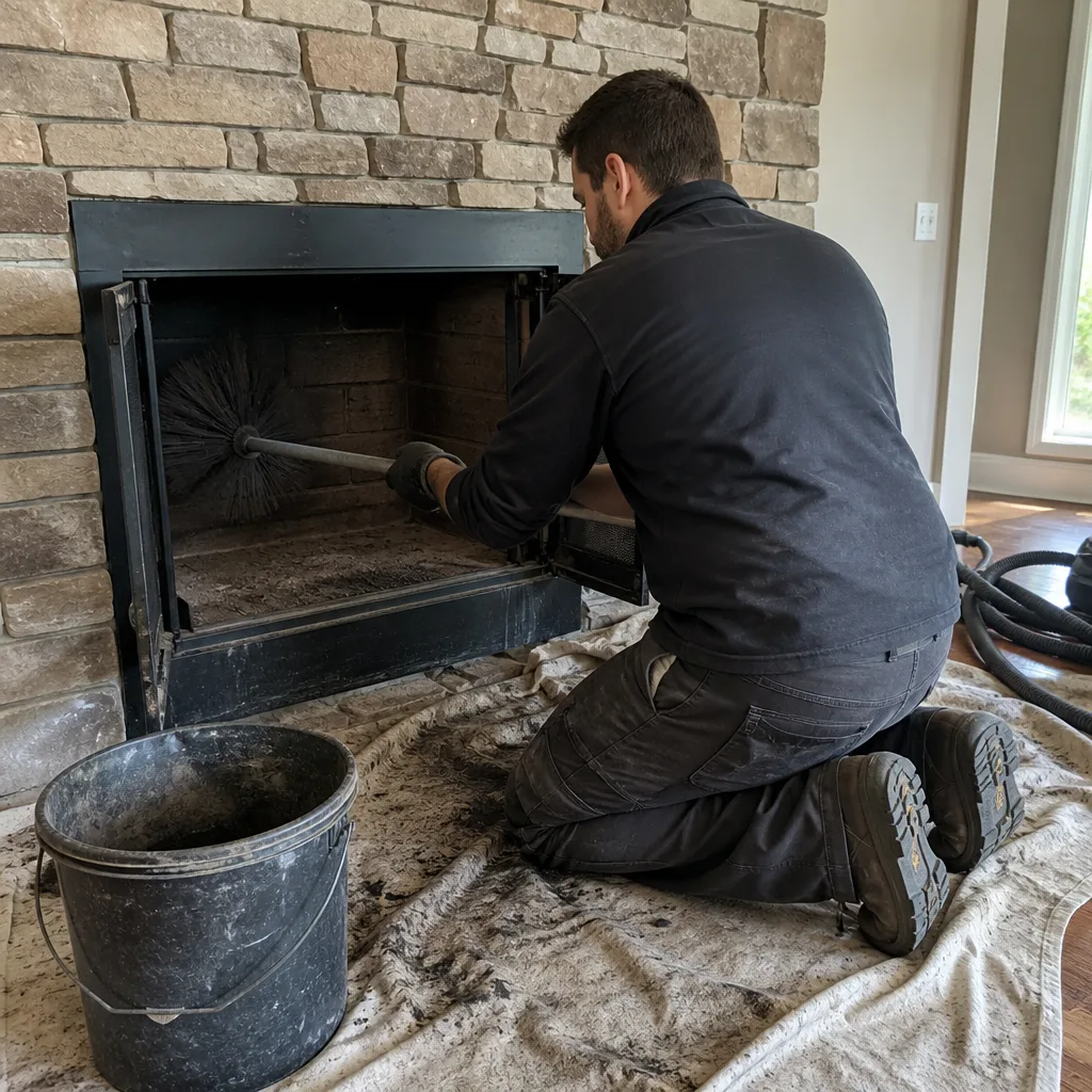 Professional chimney sweep cleaning a brick fireplace with a brush