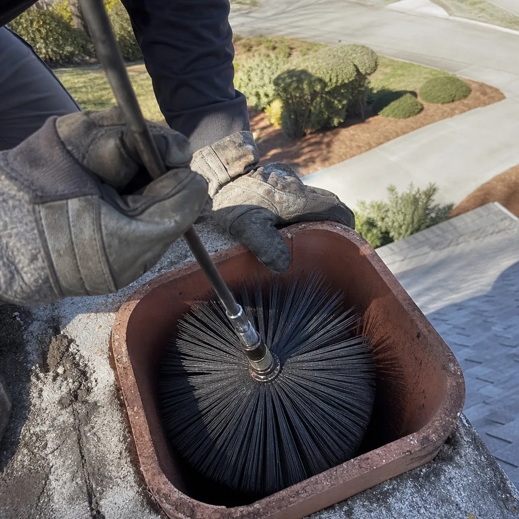 Professional chimney sweep cleaning a brick fireplace chimney flue