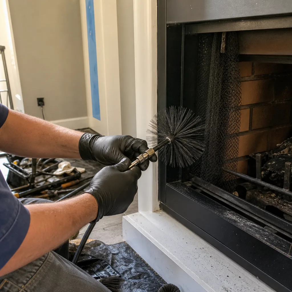 Professional chimney sweep cleaning a gas fireplace interior